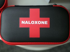 Free kits containing naloxone, a temporary antidote for opioid toxicity, sit in the entranceway of Hastings Prince Edward Public Health Wednesday, May 4, 2022 in Belleville, Ont. Luke Hendry/The Intelligencer/Postmedia Network
FOR PAGINATORS:
Free kits containing naloxone, a temporary antidote for opioid toxicity, sit in the entranceway of Hastings Prince Edward Public Health.