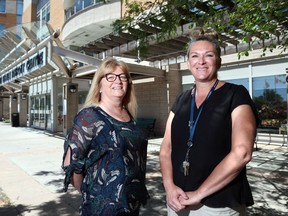 Hastings County's long-term care director, Debbie Rollins, left, joins her successor, current nursing director Erin Chapman, Monday outside Hastings Manor in Belleville. Rollins plans to retire in October.