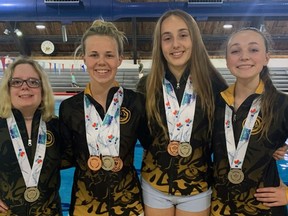 Brant Artistic Swimming Club members Caely Salmon (left), Marissa Wheeler, Brenna Stroud and Kate Coughlin recently returned from the Ontario Age Groups Championship in Etobicoke where they captured multiple medals. Submitted