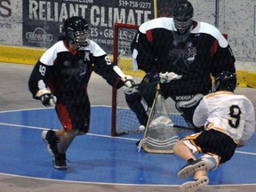 Brantford Warriors player Nathan Jones (9) takes a shot on goal against the Six Nations Stealth in a recent Ontario Junior C Lacrosse League game.
