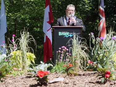 Brant Mayor David Bailey speaks at the county's Queen's Platinum Jubilee celebration Saturday at the Mount Pleasant Naure Park. CHRIS ABBOTT
