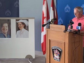 Larry Hammond speaks at a news conference Wednesday where Brantford police announced they have identified a suspect in the 1983 disappearance of his then wife, Mary Hammond. Vincent Ball