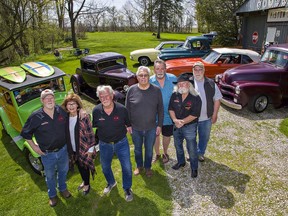 The Piston Pushers car club -- based in Brantford, Ontario -- was established in 1954 and boasts about 125 members including (left to right) Ron and Rhonda Morley, president Brian Bowerman, Ric Usher, Pat Giles, Murray Smith and John Harris. The club has supported the Brantford Food Bank for many years, donating 1,416 pounds of food and $2,695 in 2021. on Tuesday May 10, 2022 in Brantford, Ontario.