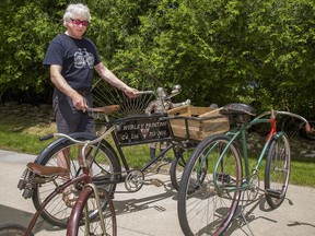 Jamie McGregor shows a late 1940s delivery bicycle that belonged to his uncle Bill Hurley, owner of Hurley Printing in Brantford. Vintage bicycles from 1880-1980 will be featured on June 26 from 7 a.m to 3 p.m. at the Burford Bicycle Bonanza at the Burford Fairgrounds.  Also in the photo are a 1928 CCM child's tricycle and a 1936 Flyte with a Troxel streamlined toolbox seat.
