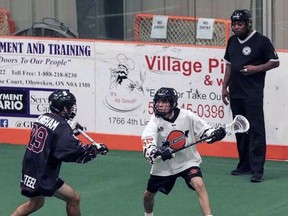 Six Nations Arrows player Thunder Hill goes one-on-one with an opponent during a recent Ontario Junior A Lacrosse League game. Instagram - @sixnationsjr.a