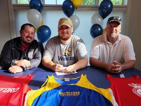 Brantford's Josh Linington is flanked by Brantford Track and Field Club coaches Sean Doucette (left) and Trevor Windle after accepting a scholarship to attend Wingate University in North Carolina where he'll throw hammer and weight.