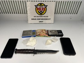 Police on Six Nations of the Grand River say they seized cocaine, a large hunting knife and drug drug paraphernalia during a search. Submitted