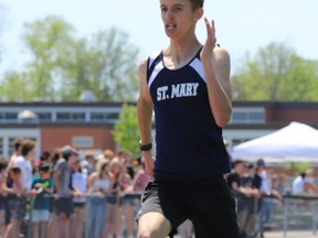 St. Mary student Jackson Witham, shown here at the Leeds Grenville meet at TISS last month, has qualified for the novice boys 1,500-metre final at the Ontario high school track and field championships.
File photo/The Recorder and Times