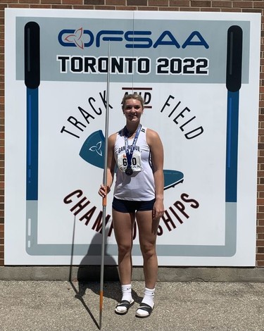 Gananoque's Kaylee Clark won the gold medal in the senior girls javelin throw at the 2022 Ontario high school track and field championships on Saturday.
Submitted photo