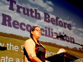 Miranda Jimmy delivers the keynote address at the opening of the Ontario Heritage Conference at the Brockville Arts Centre on Friday morning. (RONALD ZAJAC/The Recorder and Times)