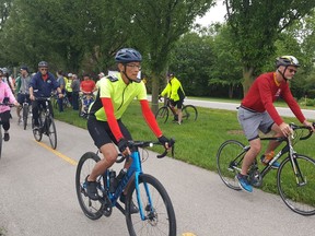 A large number of cyclists were on hand for the grand opening of the Greenfield Global Trail in Chatham on Sunday morning. The  21.5-kilometre route travels around the Thames River, along Grande River Line and Riverview Line. Trevor Terfloth/Postmedia