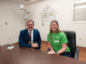 Chatham-Kent Association of Realtors president Amber Pinsonneault gave Mayor Darrin Canniff a tour of the organization's new office in the Chatham-Kent Nonprofit Centre at 425 McNaughton Ave. W., in Chatham on Monday. Ellwood Shreve/Postmedia