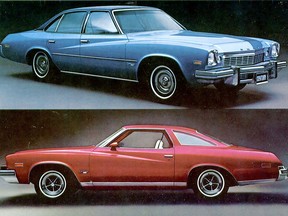 The Colonnade design for General Motors’ 1973 intermediate sedans is on display in this photograph of a 1973 Buick Century four-door sedan. Below is the two-door coupe.