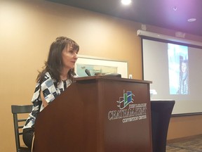 Maria Sardelis, who is behind Voula's Law, speaks at the John D. Bradley Convention Centre in Chatham on Monday. She took a stand in 2018 when she was denied access to her elderly mother, Voula, for more than 300 days in an Ottawa long-term care home after speaking out about an incident she witnessed at the facility. Trevor Terfloth/Postmedia