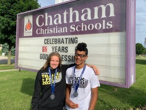 Novice high jumpers Julia VanMinnen, left, and Jeramiah Zomerman of Chatham Christian each won a silver medal at the 2022 OFSAA track and field championship in Toronto. (Contributed Photo)