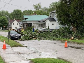 Chahtam firefighters were on the scene after a tree fell on Lorne Avenue in Chatham after a powerful storm blew through Wednesday afternoon.
(ELLWOOD SHREVE/Chatham Daily News)