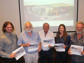 The owners of the Downtown Chatham Centre, from left Pete Tsirimbis, Rob Myers, Don Tetreault, Jessica Tsirimbis and Ron Nydam, have developed a proposal for redevelping the downtown mall that involves moving the Civic Centre, Chatham library branch, Chatham Cultural Centre and Chatham-Kent Museum under one roof in the former Sears building. (Ellwood Shreve/Chatham Daily News)