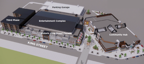 This rendering is part of a proposed redevelopment of downtown Chatham that would include a community center that houses the civic center and other municipal services as well as an entertainment complex surrounded by new retail space. (Submitted)