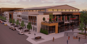 This rendering is part of a downtown Chatham redevelopment proposal that shows the entrance to an entertainment complex surrounded by new retail space. (Submitted)