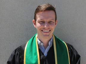 Blake Morey, 26, of Kitchener, graduated from the paramedic program at St. Clair College in Chatham while earning a Faculty Academic Award.  PHOTO Ellwood Shreve/Chatham Daily News