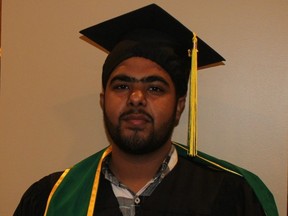 Vinayaks Sherma, 22, an international student for India, graduated from the electrical technician program at St. Clair College in Chatham.  PHOTO Ellwood Shreve/Chatham Daily News