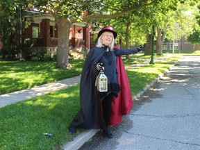 Sheila Gibbs, who guides the popular Ghost Walks of Chatham-Kent, is seen on Ellwood Avenue in Chatham, where she said two new ghost stories will be featured during the walks, which begin on June 17. PHOTO Ellwood Shreve/Chatham Daily News