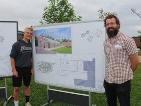 Chatham Christian School Grade 10 student Mason Snoek, left, and tech teacher Paul Burggraaf, are excited about a new tech wing that will be constructed during the coming school year. The 5,500-foot-facility is scheduled to be ready beginning in September 2023, so more courses can be offered to students. (Ellwood Shreve/Chatham Daily News)