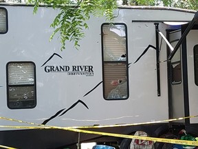 This trailer was reportedly damaged during a shooting incident at Shiloh Park near Wallaceburg. A man has been arrested and faces attempted murder and weapons charges. (ELLWOOD SHREVE/Chatham Daily News)