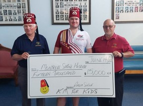 Members of the Achom Shrine Club, Gary Eagleson, left, and Derwin Armstrong, present a $15,000 donation to Bruce Shrine Club member Alex Rauket, who undertake the Kilometers For Kids cycling fundraiser to benefit the Shriner's Hospital for Children in Montreal.  (Ellwood Shreve/Chatham Daily News)