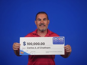 Carlos Alves, of Chatham, won $100,000 playing the Encore numbers in the Lotto Max draw. (Handout/Postmedia Network)