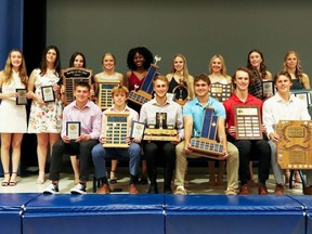 The Chatham-Kent Secondary School athletic award winners include, front row, left: Elliot Peco, rookie athlete of the year; Justin Ewald, junior athlete of the year; Gabe St. Pierre, athlete of the year; Colin Fife, Robert Bye Academic Athlete Award; Ayden Blain, Greg Way Award as most dedicated and Jack Parry Award nominee; and Gavin Edwards, Mark Lindemann Memorial Award as most sportsmanlike. Back row: Bridget Hunt, Grade 10 student athletic association (SAA) worker of the year; Liberty Pink and Melorey Elson, rookie athletes of the year; Emily DeBrouwer, junior athlete of the year; Elisabeth Jonah, Robert Bye Academic Athlete Award; Abby Balan, athlete of the year; Julia Trinca, Joe Garcia Memorial Award, Jack Parry Award nominee and Mark Lindemann Award as most sportsmanlike; Lauren Garrow, SAA Member of the year and Earl Grant Memorial Award; and Hannah Balan, Greg Way Award as most dedicated and Chatham Sports Hall of Fame bursary. The awards were presented at CKSS in Chatham, Ont., on June 7, 2022. (Contributed Photo)