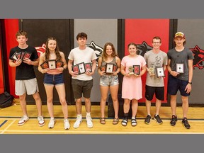 Paris District High School recently held its annual athletic awards banquet handing out major awards to (left to right) Ben Zondag (junior boys athlete of the year), Madison Burr (junior girls athlete of the year), Alex James (senior boys athlete of the year), Ariel Saulnier (senior girls athlete of the year), Serena Gambacort (Hannah McCosh - top female for sports leadership and athletics), Lucas Balog (volunteer of the year and Athletics Council Award - top male for sports leadership and athletics), Patrick Welton (male unsung hero) and Cara Woods (female unsung hero, absent). PHOTO SUBMITTED