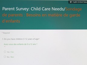 The city's online survey regarding child care. Handout/Cornwall Standard-Freeholder/Postmedia Network