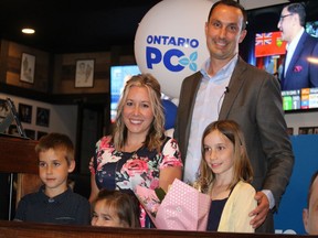 Kimberly and Nolan Quinn, with their young family, at the victory celebration in Cornwall on Thursday night. Photo on Thursday, June 2, 2022. Todd Hambleton/Cornwall Standard-Freeholder/Postmedia Network