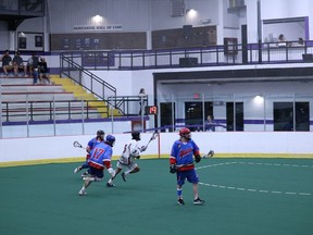 Kaleb Benedict of the Akwesasne Indians Jr. B lacrosse team running to score the second goal of the first period for the Indians on Sunday June 5, 2022 in Cornwall, Ont. Laura Dalton/Cornwall Standard-Freeholder/Postmedia Network
