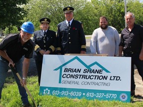 From left at the new fire hall ground-breaking ceremony in Crysler are Frank Landry (North Stormont Township deputy mayor), Nancy-Ann Gauthier (North Stormont Fire Department chief), Kevin Lapp (deputy chief, at Crysler station), Brandon Campbell (Eastern Engineering Group), and Brian Shane (Brian Shane Construction Ltd. owner). Photo on Friday, June 10, 2022, in Crysler, Ont. Todd Hambleton/Cornwall Standard-Freeholder/Postmedia Network