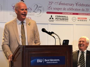 From left, Mayor of Oshawa Dan Carter shares an inspiring keynote speech, as CTC's outgoing president Don Fairweather listens on Friday June 17, 2022 in Cornwall, Ont. Shawna O'Neill/Cornwall Standard-Freeholder/Postmedia Network