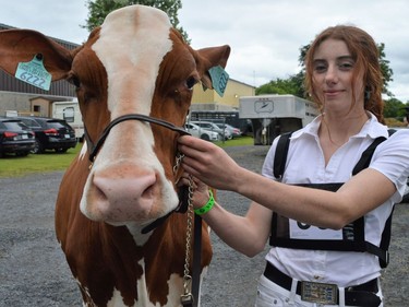 From left, Classy Red and Cassidy Porteous waiting to hear their results during the 4-H Showmanship competition on Saturday June 18, 2022 in Maxville, Ont. Shawna O'Neill/Cornwall Standard-Freeholder/Postmedia Network
