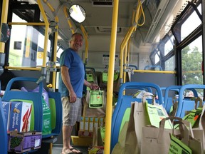 Dan Belanger inside the second city bus filled with donations for the Agape Centre on Wednesday June 22, 2022 in Cornwall, Ont. Laura Dalton/Cornwall Standard-Freeholder/Postmedia Network