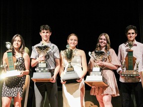 Top winners at the Holy Trinity athletic awards banquet are (from left) Melanie Kamm-Ramirez (junior female athlete of the year), Declan McDonald (top senior male athlete) Millie Cameron-Burelle (The Falcon: top student-athlete) Annie Bacchiochi (top senior female athlete), and Stanton Antoine (top junior male athlete).
Handout/Cornwall Standard-Freeholder/Postmedia Network