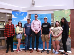 All but one of the Summer Company candidates pose with MPP Nolan Quinn at the presentation of their products and services at the Cornwall Civic Complex. From left: Connor McDougall, Hannah Lavictoire, Connor Armstrong, Nolan Quinn, Bobby Robinson, Coralie Adams and Neika Noel on Thursday June 30, 2022 in Cornwall, Ont. Laura Dalton/Cornwall Standard-Freeholder/Postmedia Network