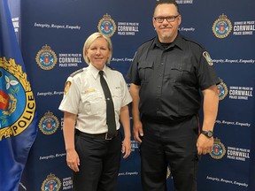 Handout/Cornwall Standard-Freeholder/Postmedia Network
Cornwall Police Service Chief Shawna Spowart, left, with recently promoted Sgt. Jamie Day, right.