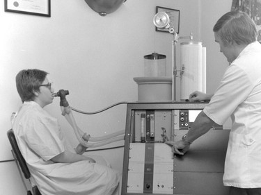 Handout/Cornwall Standard-Freeholder/Postmedia Network
From the Religious Hospitallers of St. Joseph archives, an undated photo of a patient likely undergoing a lung / breathing test.