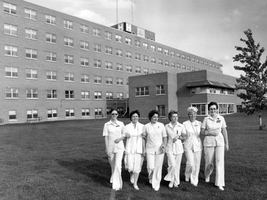 Handout/Cornwall Standard-Freeholder/Postmedia Network
From the Religious Hospitallers of St. Joseph archives, an undated photo of these nurses gathered in front of the new Hotel Dieu Hospital site on McConnell Avenue.