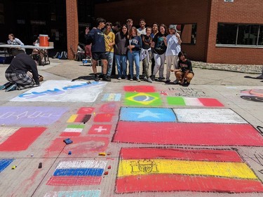 Handout/Cornwall Standard-Freeholder/Postmedia Network
A Jennifer Suggars photo showing the many flags whose nations are represented at Cornwall Collegiate and Vocational School, whose students Chalked the Walk in support of the CHEO Foundation on Friday, June 3, 2022.
