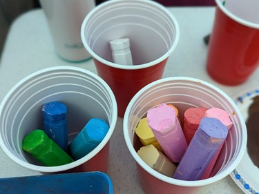 Handout/Cornwall Standard-Freeholder/Postmedia Network
A Jennifer Suggars photo of the supplies used by Cornwall Collegiate and Vocational School Students to Chalk the Walk in support of the CHEO Foundation on Friday, June 3, 2022.