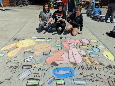 Handout/Cornwall Standard-Freeholder/Postmedia Network
A Jennifer Suggars photo of Cornwall Collegiate and Vocational School students displaying their contribution to Chalk the Walk in support of the CHEO Foundation on Friday, June 3, 2022.