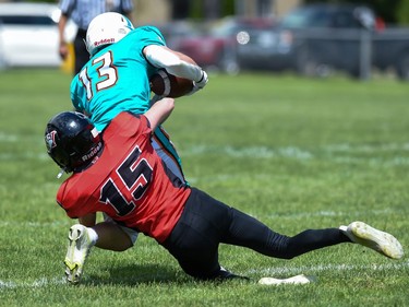 Cornwall Wildcats Owen Nightingale gets the tackle on a Durham Dolphin player on Saturday June 4, 2022 in Cornwall, Ont. The Wildcats won 32-0. Robert Lefebvre/Special to the Cornwall Standard-Freeholder/Postmedia Network
