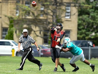 Cornwall Wildcats quarterback Xavier Uhr goes long during play against the Durham Dolphins on Saturday June 4, 2022 in Cornwall, Ont. The Wildcats won 32-0. Robert Lefebvre/Special to the Cornwall Standard-Freeholder/Postmedia Network