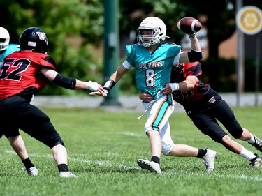 Cornwall Wildcats Noah Levesque goes for the tackle during play against the Durham Dolphins on Saturday June 4, 2022 in Cornwall, Ont. The Wildcats won 32-0. Robert Lefebvre/Special to the Cornwall Standard-Freeholder/Postmedia Network